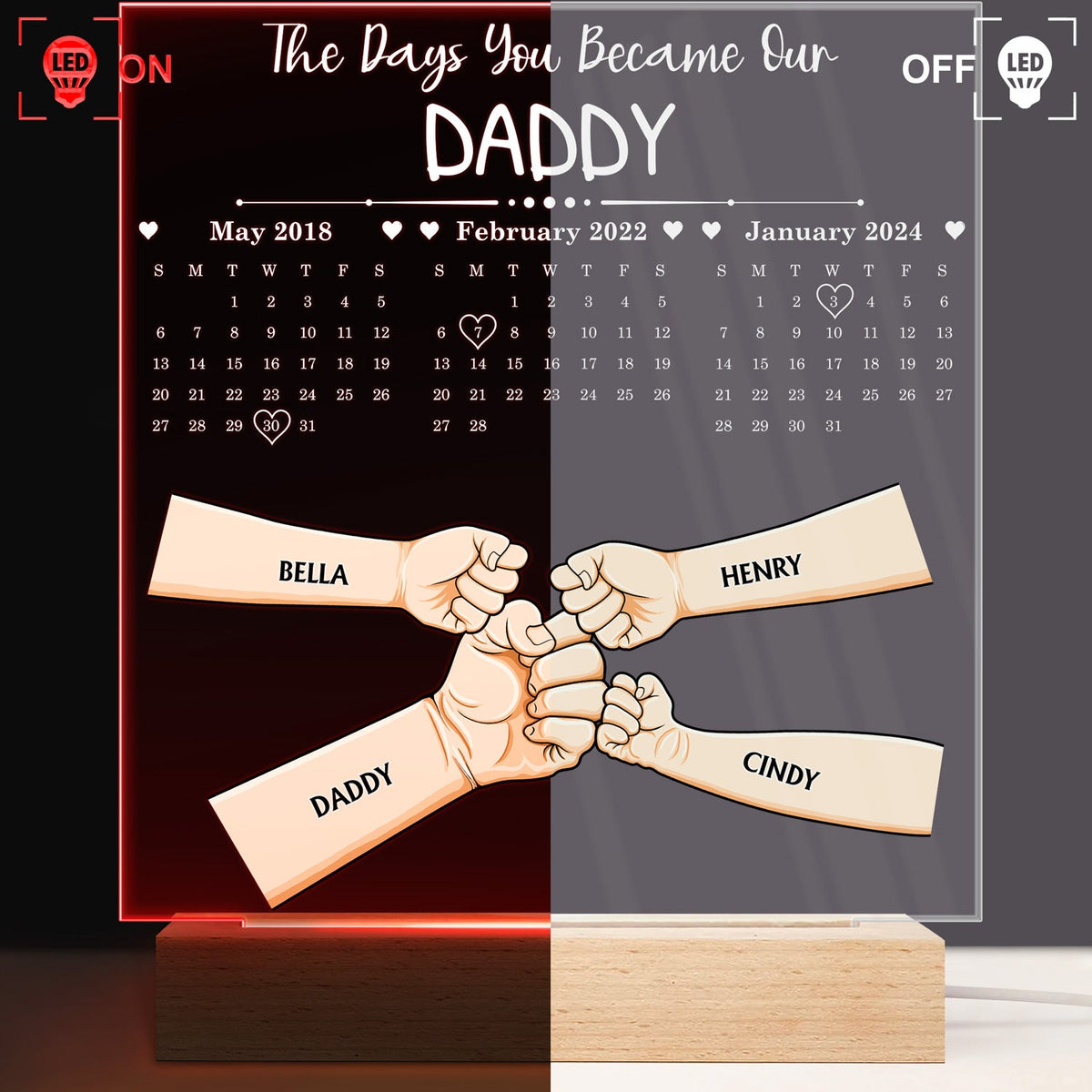 Calendrier « Le jour où tu es devenu notre papa » - Base en bois avec lumière LED 3D personnalisée
