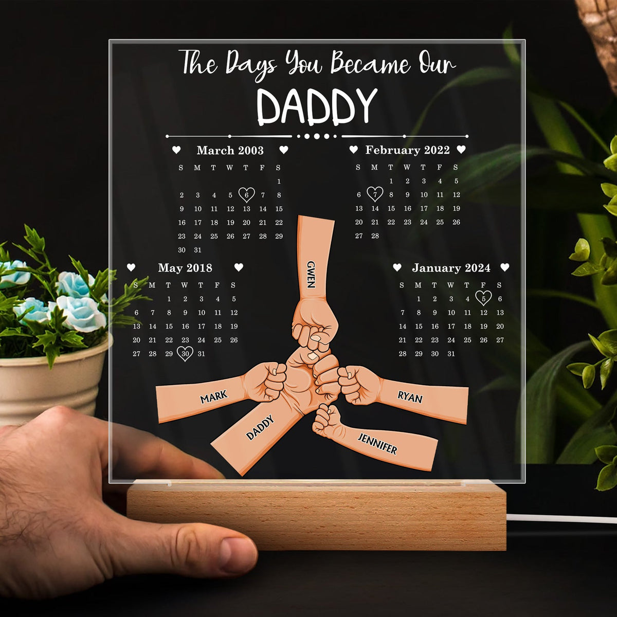 Calendrier « Le jour où tu es devenu notre papa » - Base en bois avec lumière LED 3D personnalisée
