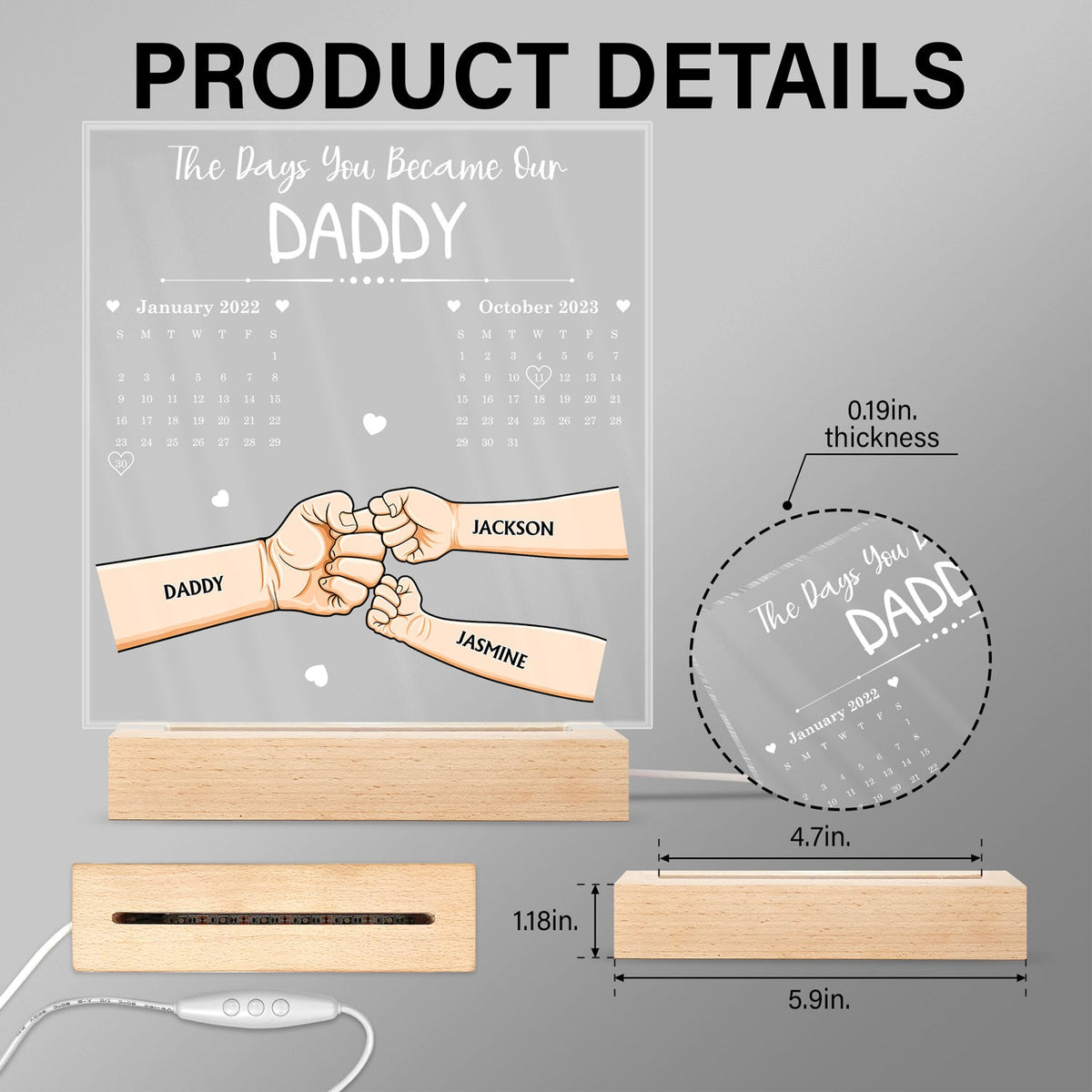 Calendrier « Le jour où tu es devenu notre papa » - Base en bois avec lumière LED 3D personnalisée