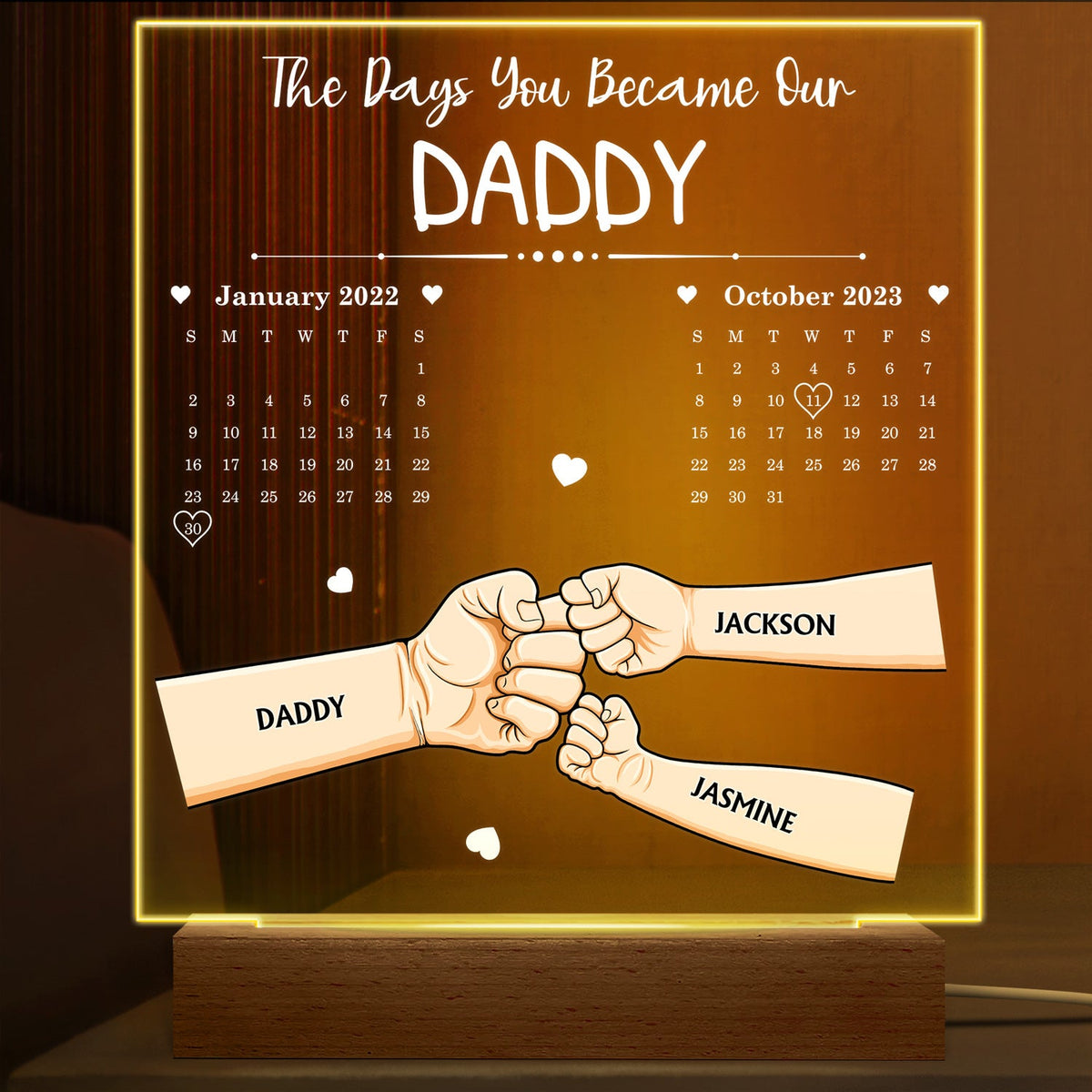 Calendrier « Le jour où tu es devenu notre papa » - Base en bois avec lumière LED 3D personnalisée