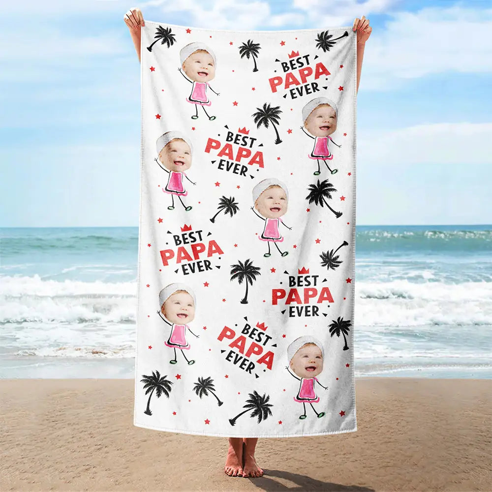 Serviette de plage personnalisée avec photo du meilleur papa de tous les temps, cocotier