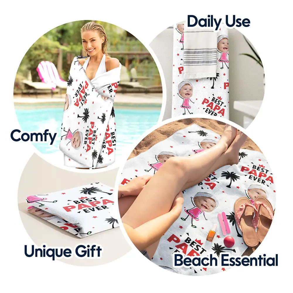 Serviette de plage personnalisée avec photo du meilleur papa de tous les temps, cocotier