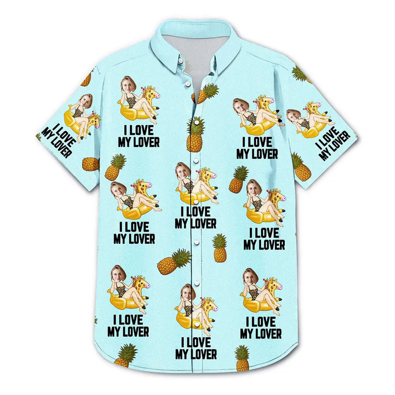 Custom Photo Funny On Flamingo I Love My Lover - Personalized Hawaiian Shirt