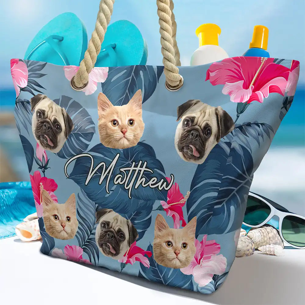 Custom Photo Funny Family Pet Face - Personalized Beach Bag