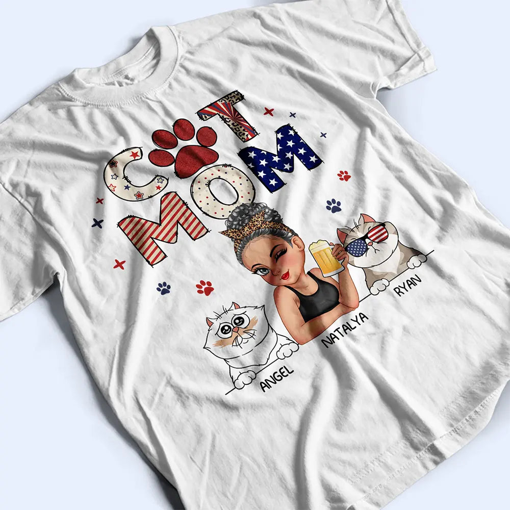 Cat Mom Stars And Stripes - Personalized T Shirt