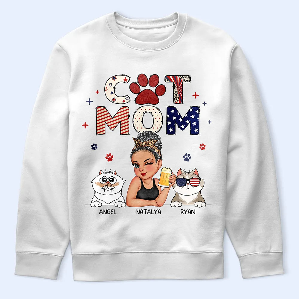 Cat Mom Stars And Stripes - Personalized T Shirt