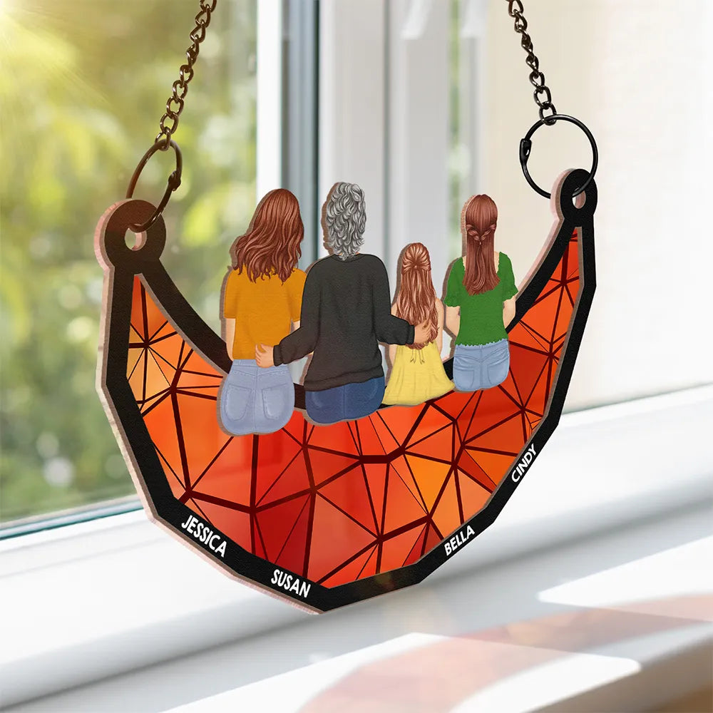 Grandma Mom And Children Sitting On The Moon - Personalized Window Hanging Suncatcher Ornament