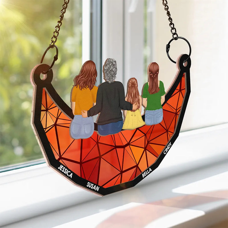 Together On The Moon Grandma, Mom And Children - Personalized Window Hanging Suncatcher Ornament