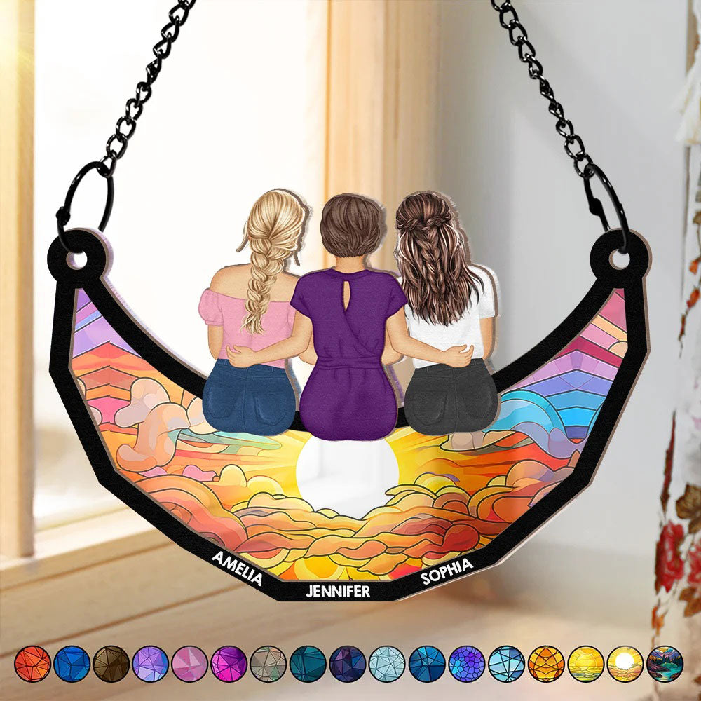 Together On The Moon Grandma, Mom And Children - Personalized Window Hanging Suncatcher Ornament