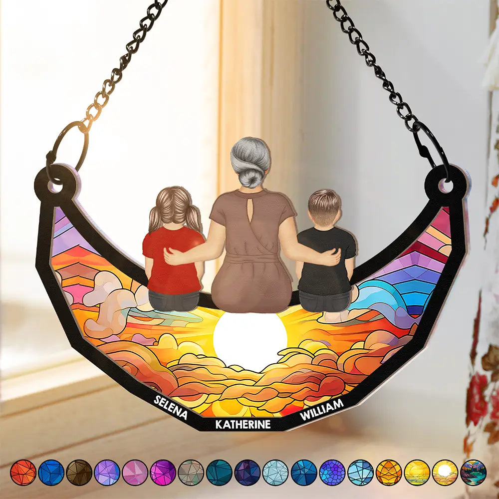 Grandma Mom And Children Sitting On The Moon - Personalized Window Hanging Suncatcher Ornament