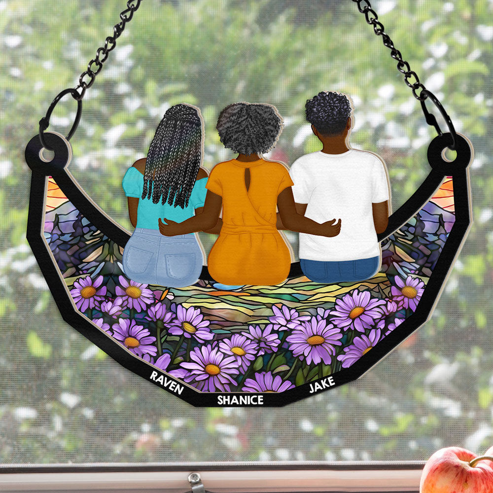 Grandma Mom And Children Sitting On The Moon - Personalized Window Hanging Suncatcher Ornament