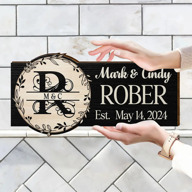 Monogram Wedding Gift Happily Married - Personalized Custom Shaped Wood Sign