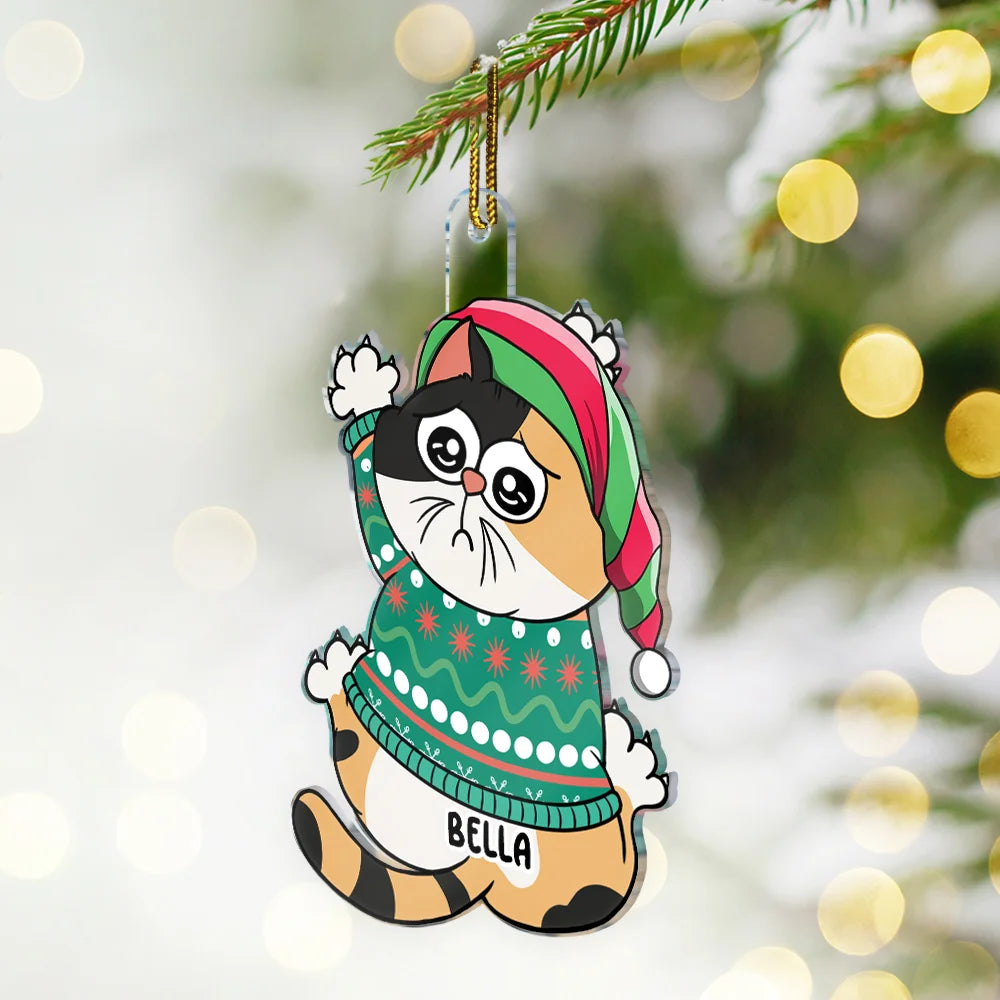 Scratching Cat Christmas - Personalized Cutout Acrylic Ornament