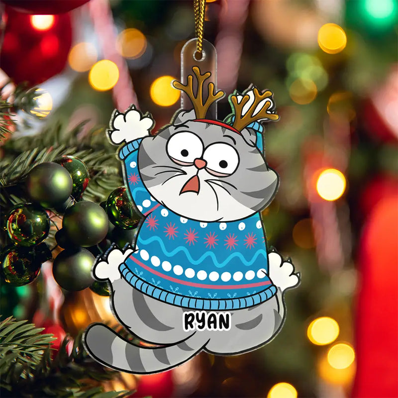 Scratching Cat Christmas - Personalized Cutout Acrylic Ornament