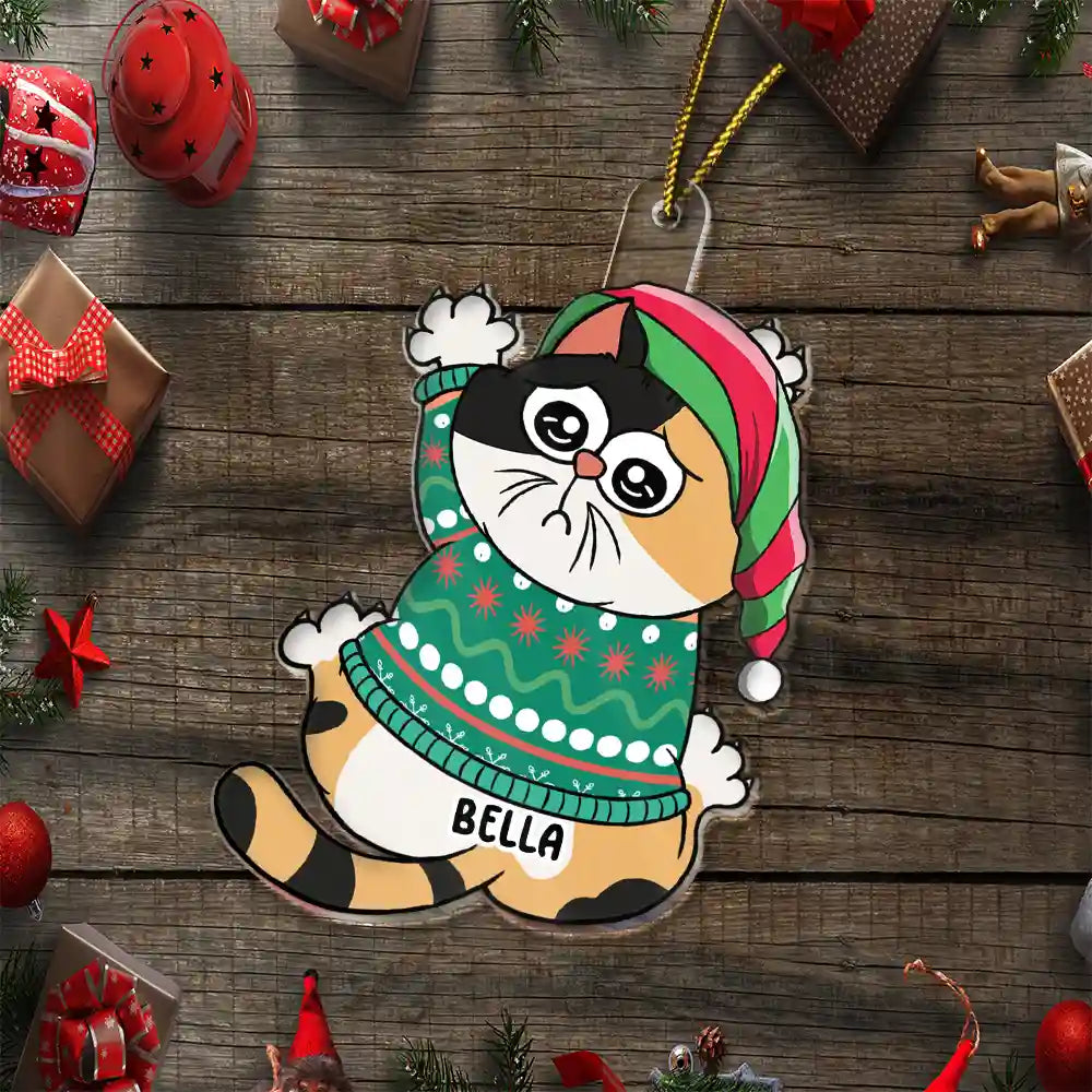 Scratching Cat Christmas - Personalized Cutout Acrylic Ornament
