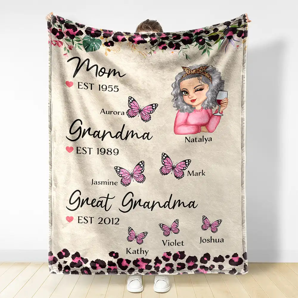 Grandma Butterfly Title - Personalized Fleece Blanket, Sherpa Blanket