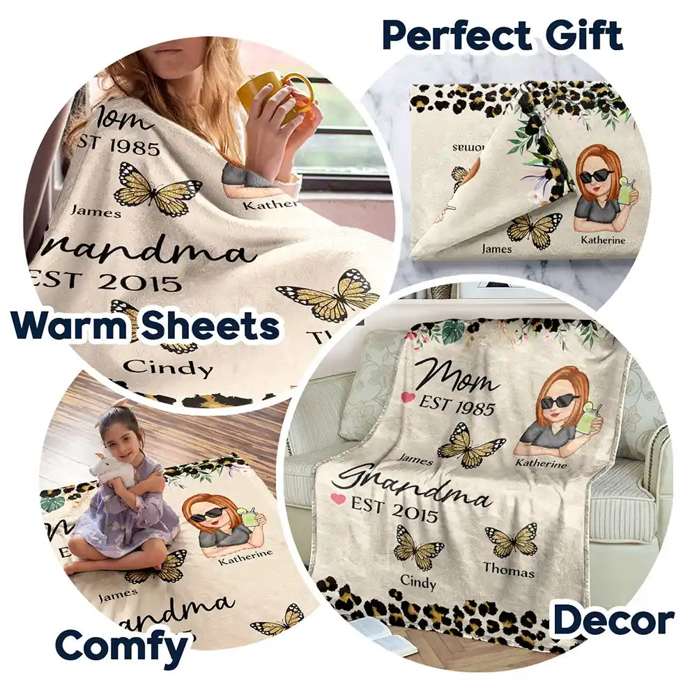Grandma Butterfly Title - Personalized Fleece Blanket, Sherpa Blanket
