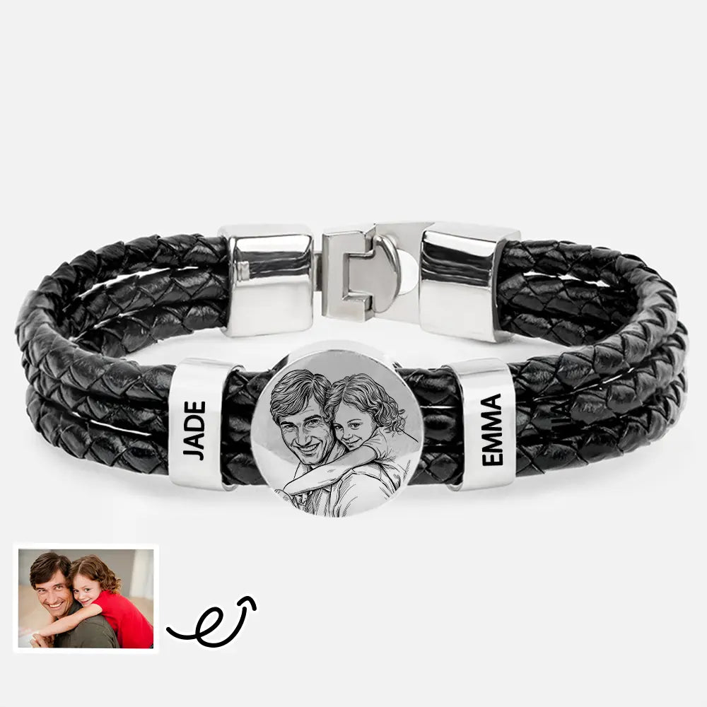 Custom Photo Bold Sketch Best Dad Grandpa Ever Family Portrait - Personalized Leather Braided Bracelet