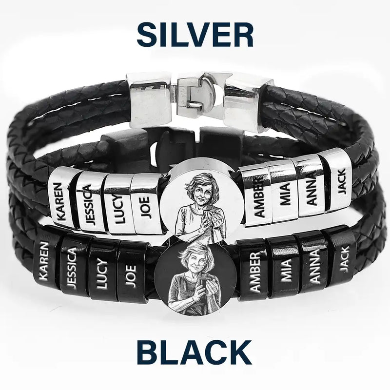 Gift For Father,Gift For Grandpa,Non-Eng,Photo - Pencil Sketch (Bold),Proud - Custom Photo Bold Sketch Best Dad Grandpa Ever Family Portrait - Personalized Leather Braided Bracelet