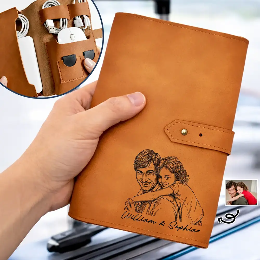 Gift For Father,Gift For Grandpa,Family,Pet Lovers,Pet Mom,Pet Dad,Dog Lovers,Dog Mom,Dog Dad,Cat Lovers,Cat Mom,Cat Dad,Non-Eng,Photo - Pencil Sketch (Bold),Humorous - Custom Photo Bold Sketch Lovely Family Portrait - Personalized Leather Cable Bag