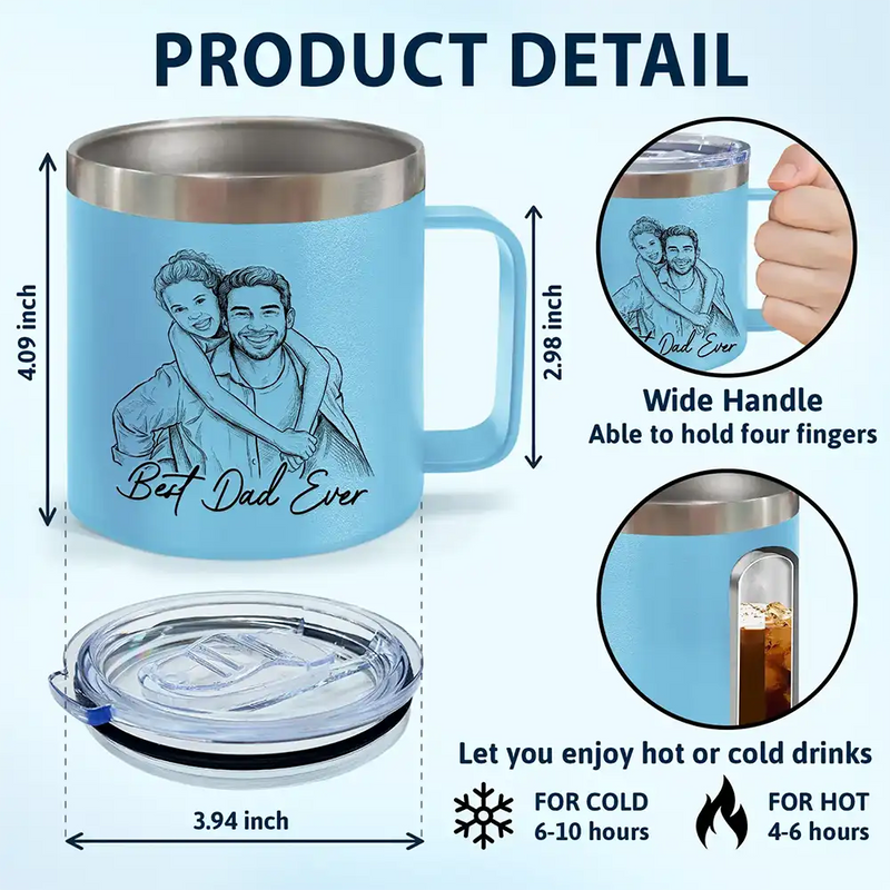 Gift For Father,Gift For Grandpa,Non-Eng,Photo - Pencil Sketch (Bold),Proud - Custom Photo Bold Sketch Best Dad Grandpa Ever Family Portrait - Personalized 14oz Stainless Steel Tumbler With Handle