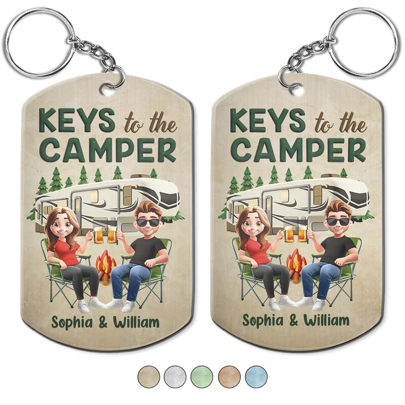 Camping,Campsite,Couple's Hobby,Happy,Gift For Couples - Keys To The Camper Camping Cartoon Couple - Personalized Aluminum Keychain
