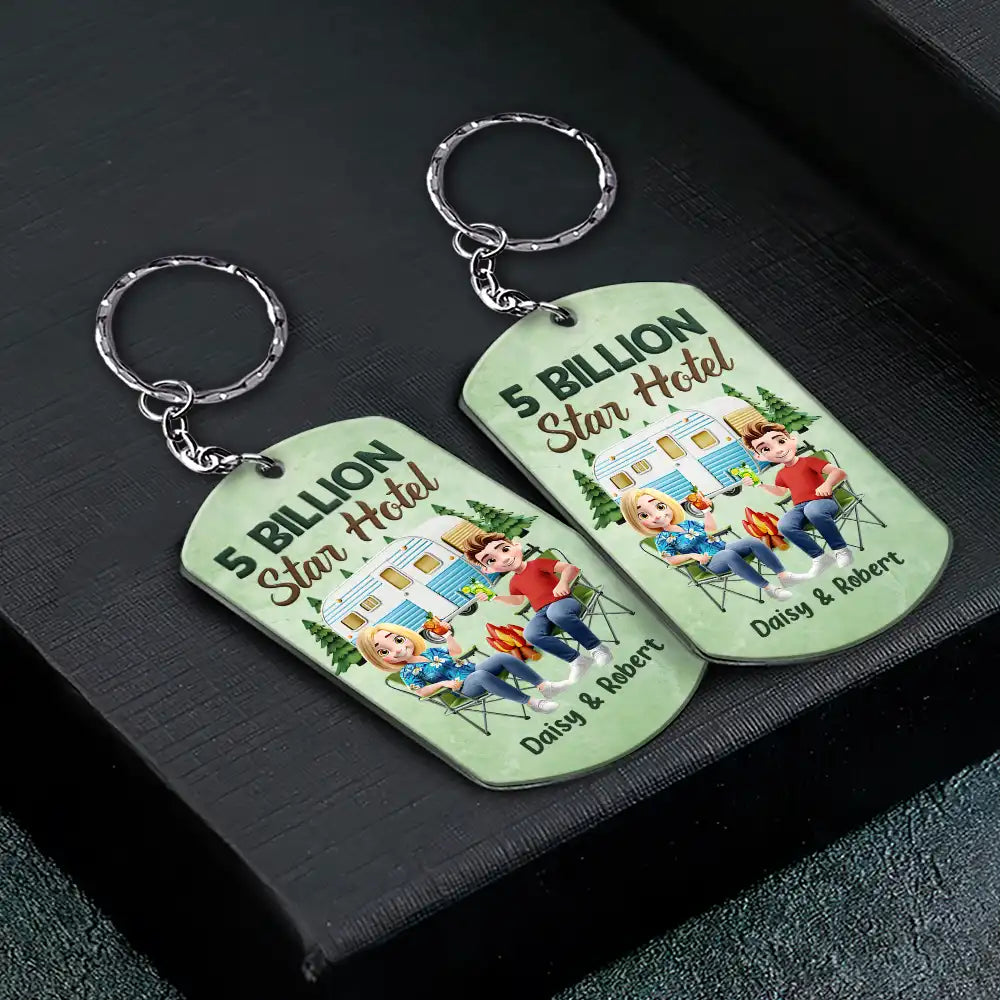 Camping,Campsite,Couple's Hobby,Happy,Gift For Couples - Keys To The Camper Camping Cartoon Couple - Personalized Aluminum Keychain
