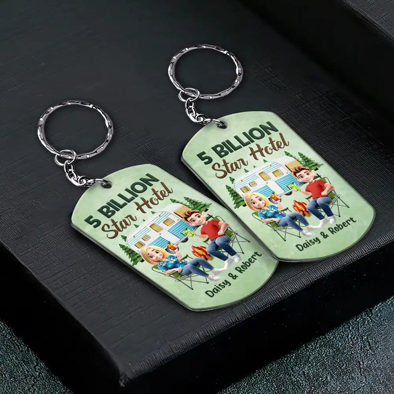 Camping,Campsite,Couple's Hobby,Happy,Gift For Couples - Keys To The Camper Camping Cartoon Couple - Personalized Aluminum Keychain
