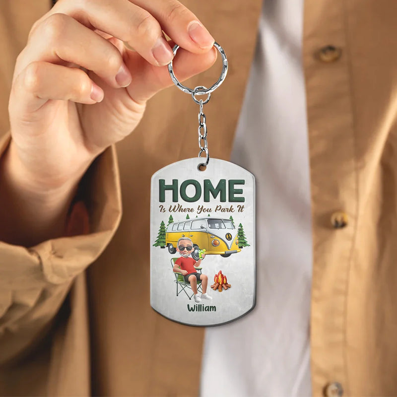 Camping,Campsite,Couple's Hobby,Happy,Gift For Couples - Keys To The Camper Camping Cartoon Couple - Personalized Aluminum Keychain
