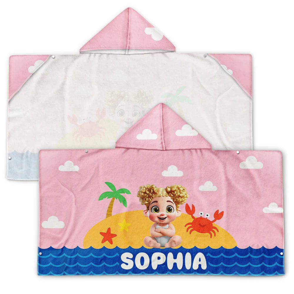 Gift For Son, Gift For Daughter, Gift For Kids, Gift For Sibling, Gift For Sisters, Gift For Brothers, Beach, Happy, Summer - Kid Baby Sitting On The Beach - Personalized Hooded Beach Towel