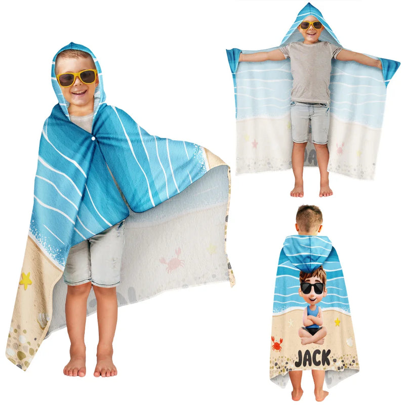 Gift For Son, Gift For Daughter, Gift For Kids, Gift For Sibling, Gift For Sisters, Gift For Brothers, Beach, Happy, Summer - Kid Baby Sitting On The Beach - Personalized Hooded Beach Towel