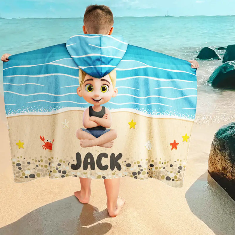 Gift For Son, Gift For Daughter, Gift For Kids, Gift For Sibling, Gift For Sisters, Gift For Brothers, Beach, Happy, Summer - Kid Baby Sitting On The Beach - Personalized Hooded Beach Towel