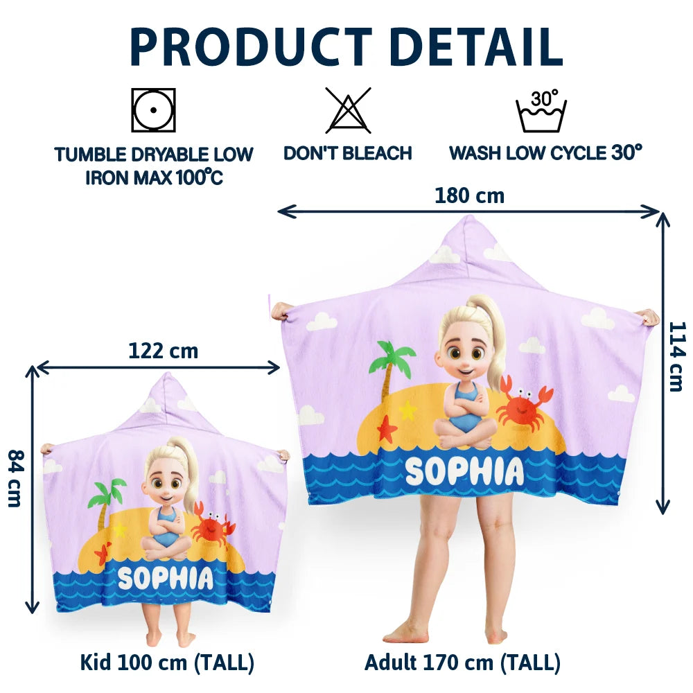 Gift For Son, Gift For Daughter, Gift For Kids, Gift For Sibling, Gift For Sisters, Gift For Brothers, Beach, Happy, Summer - Kid Baby Sitting On The Beach - Personalized Hooded Beach Towel
