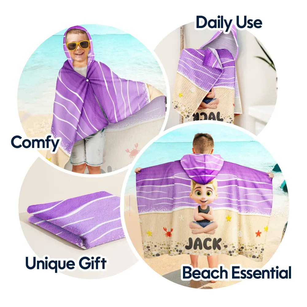 Gift For Son, Gift For Daughter, Gift For Kids, Gift For Sibling, Gift For Sisters, Gift For Brothers, Beach, Happy, Summer - Kid Baby Sitting On The Beach - Personalized Hooded Beach Towel