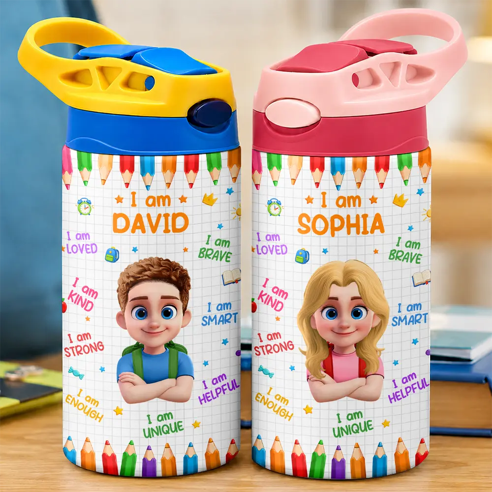 Kid Affirmation I Am Brave Kind Unique - Personalized Insulated Water Bottle With Straw
