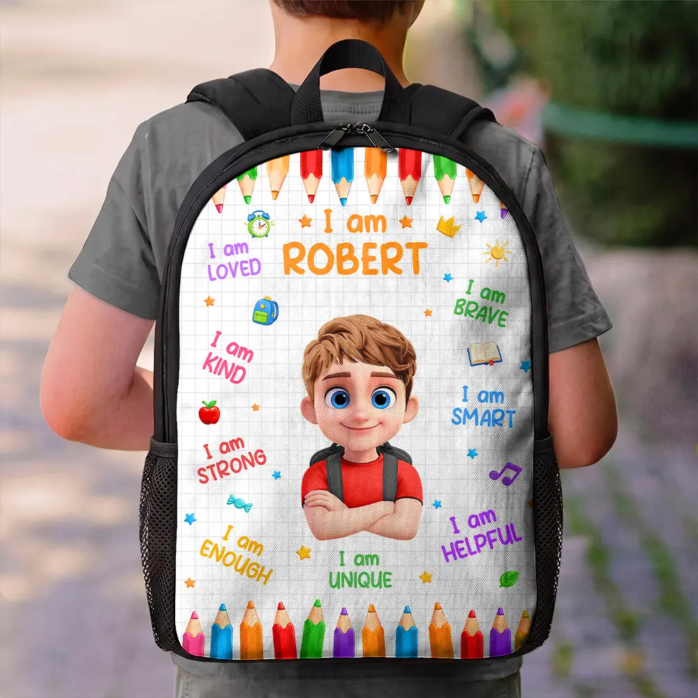 Adorable,Back To School,Gift For Kids,Vector - Kid Affirmation I Am Brave Kind Unique - Personalized Kids Backpack