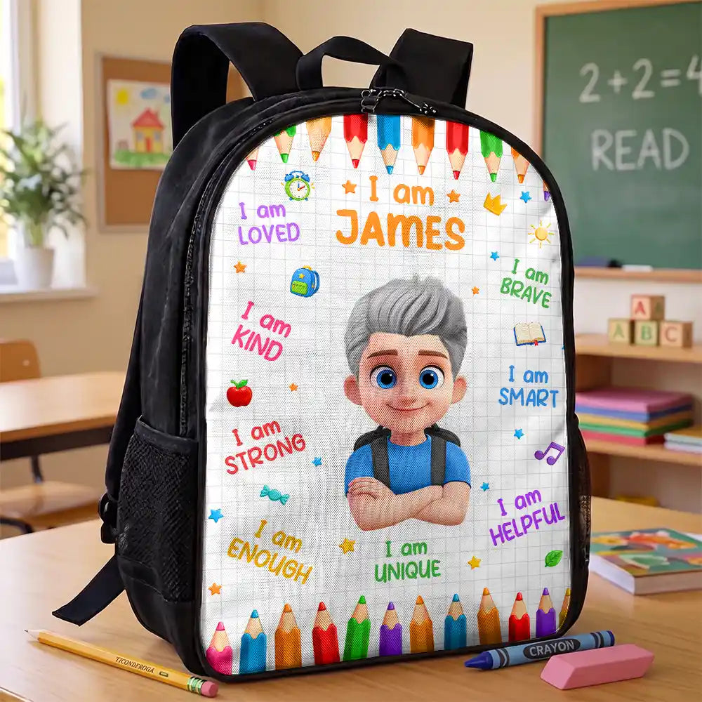 Adorable,Back To School,Gift For Kids,Vector - Kid Affirmation I Am Brave Kind Unique - Personalized Kids Backpack