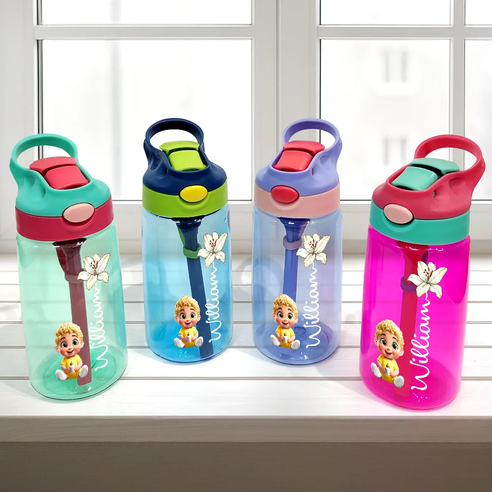 Gift For Kids,Gift For Grandkids,Happy,Back To School - Kid Baby Sitting Birth Flower - Personalized Kids Water Bottle With Straw