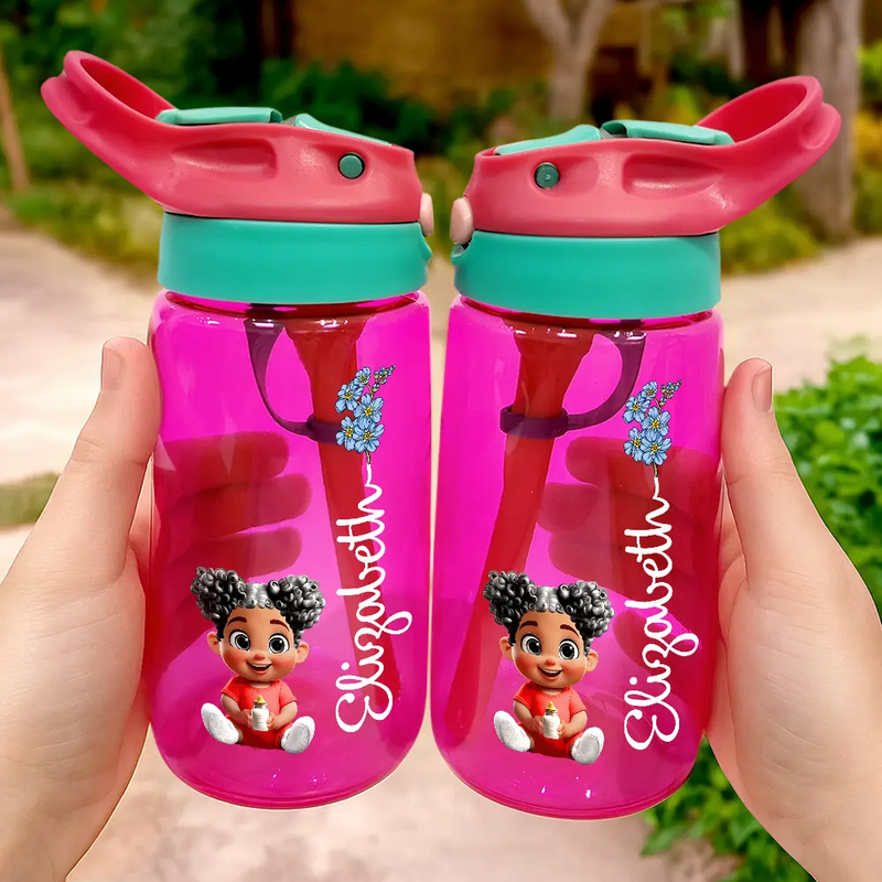 Gift For Kids,Gift For Grandkids,Happy,Back To School - Kid Baby Sitting Birth Flower - Personalized Kids Water Bottle With Straw