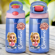 Gift For Kids,Gift For Grandkids,Happy,Back To School - Kid Baby Sitting Birth Flower - Personalized Kids Water Bottle With Straw