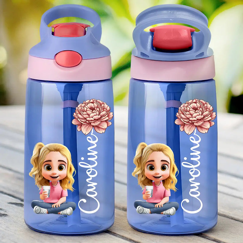 Gift For Kids,Gift For Grandkids,Happy,Back To School - Kid Baby Sitting Birth Flower - Personalized Kids Water Bottle With Straw