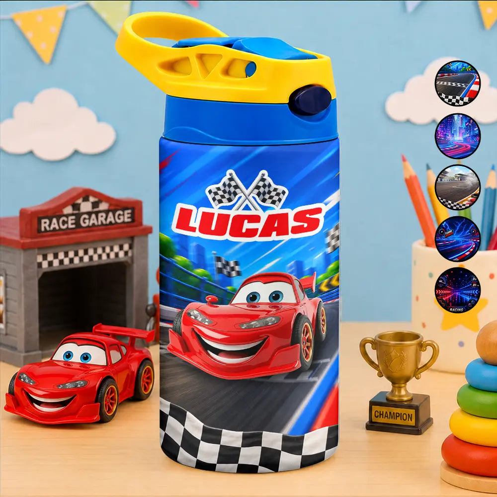 Kid Car Racing - Personalized Insulated Water Bottle With Straw