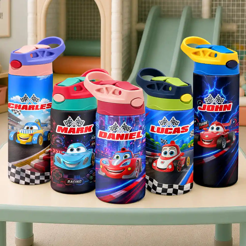 Adorable,Back To School,Gift For Kids,Vector - Kid Car Racing - Personalized Insulated Water Bottle With Straw