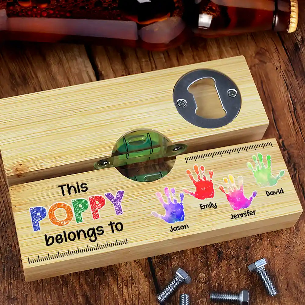 Gift For Grandpa, Gift For Father, Funny - Kid Handprint This Grandpa Daddy Belongs To - Personalized Bottle Opener Wood Level