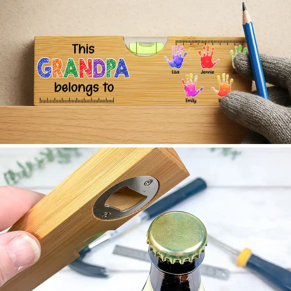 Gift For Grandpa, Gift For Father, Funny - Kid Handprint This Grandpa Daddy Belongs To - Personalized Bottle Opener Wood Level