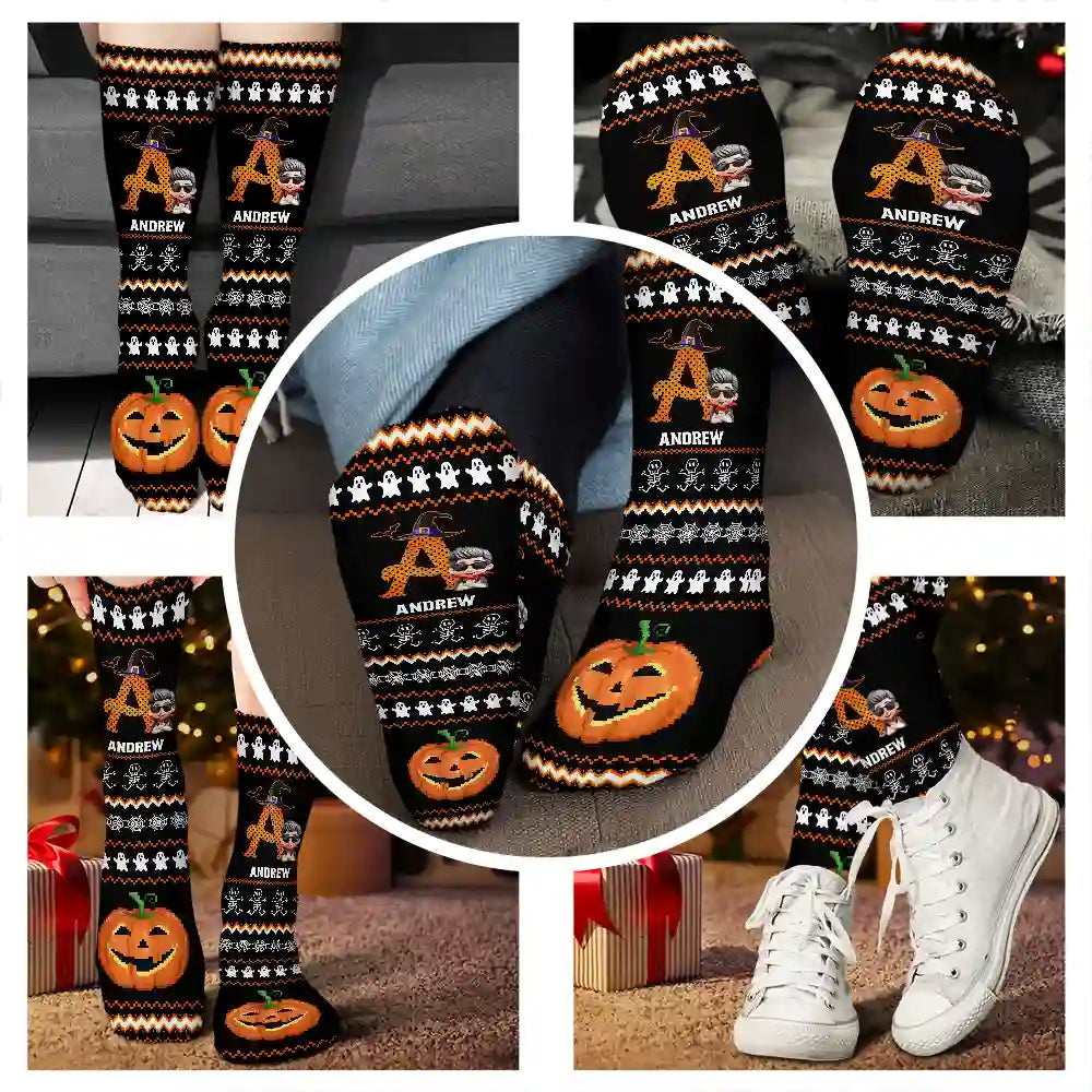 Funny,Gift For Kids,Halloween - Kid Monogram Halloween - Personalized Socks