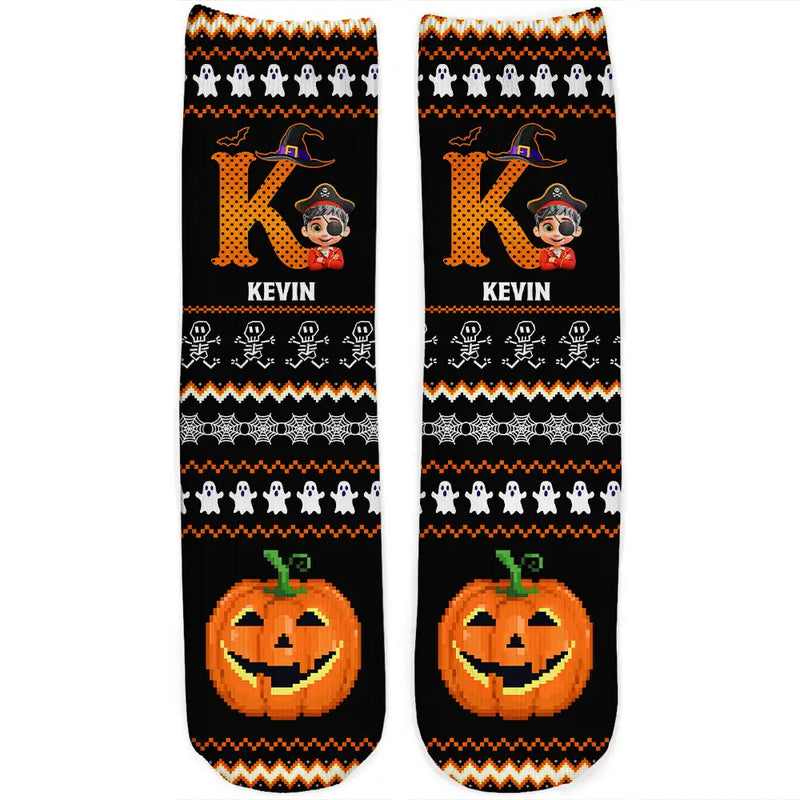 Funny,Gift For Kids,Halloween - Kid Monogram Halloween - Personalized Socks