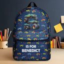 Gift For Kids,Gift For Grandkids,Back To School,Happy - Kid Monster Truck Toy Container Monogram Initial - Personalized Canvas Backpack