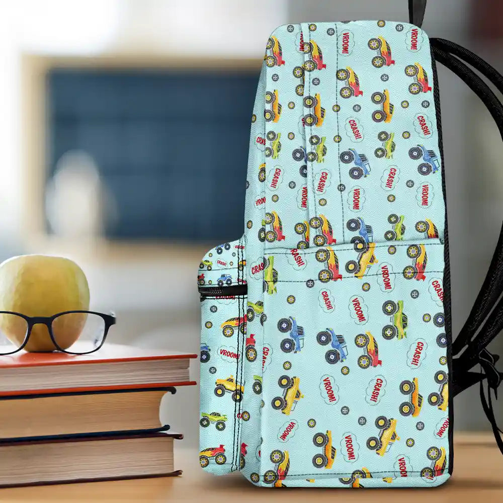 Gift For Kids,Gift For Grandkids,Back To School,Happy - Kid Monster Truck Toy Container Monogram Initial - Personalized Canvas Backpack