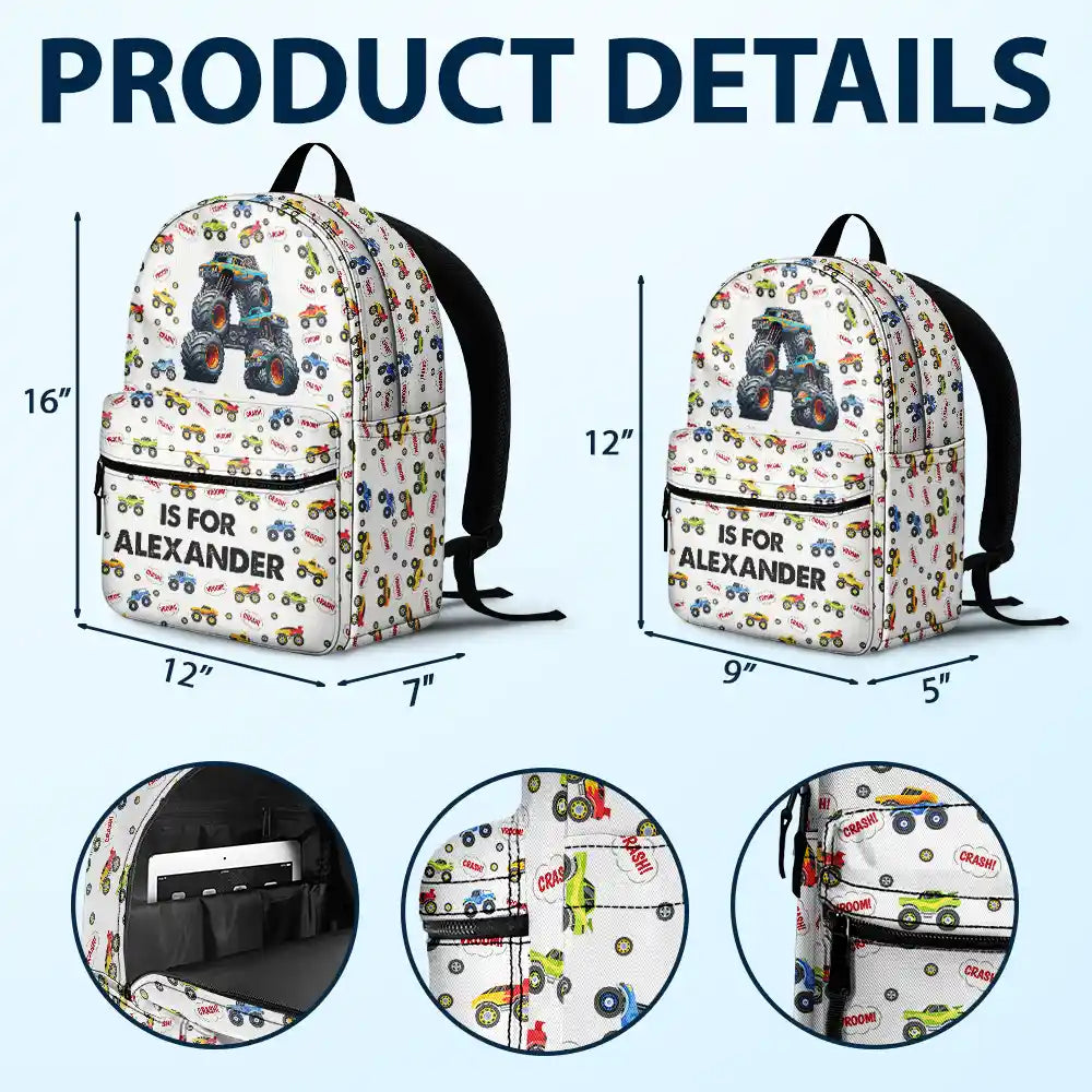 Gift For Kids,Gift For Grandkids,Back To School,Happy - Kid Monster Truck Toy Container Monogram Initial - Personalized Canvas Backpack